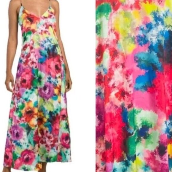 NEW! Nicole Miller New York Watercolor Satin Maxi Dress Size Medium - Picture 1 of 11